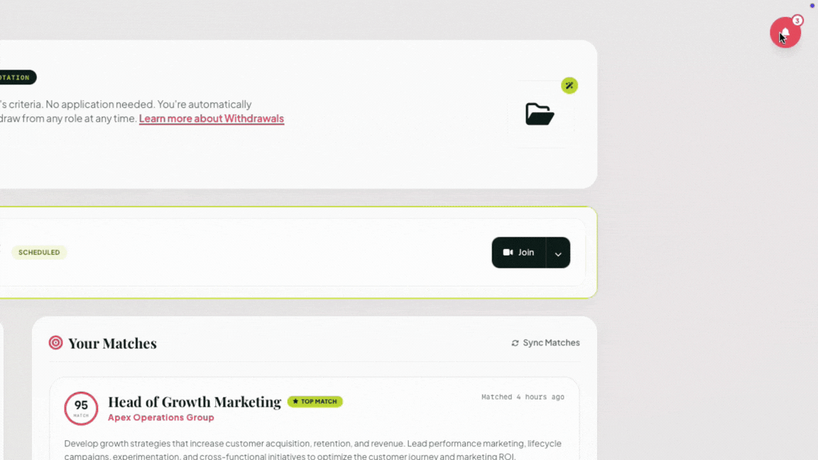 User clicks red notification icon showing 3 alerts then views job match details on a web app.