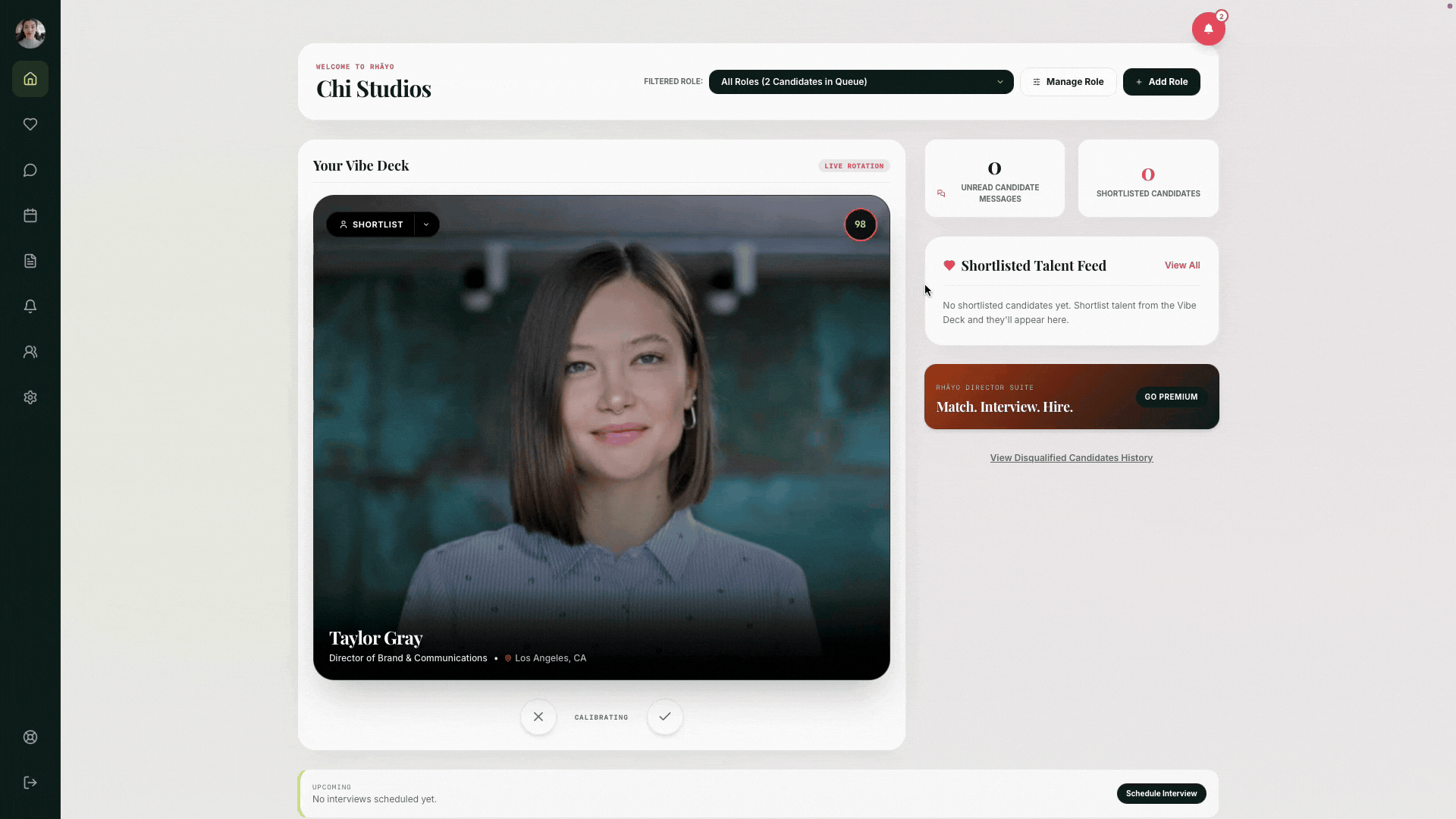 Dashboard displaying candidate Taylor Gray's profile with role and location, plus management options and alerts.