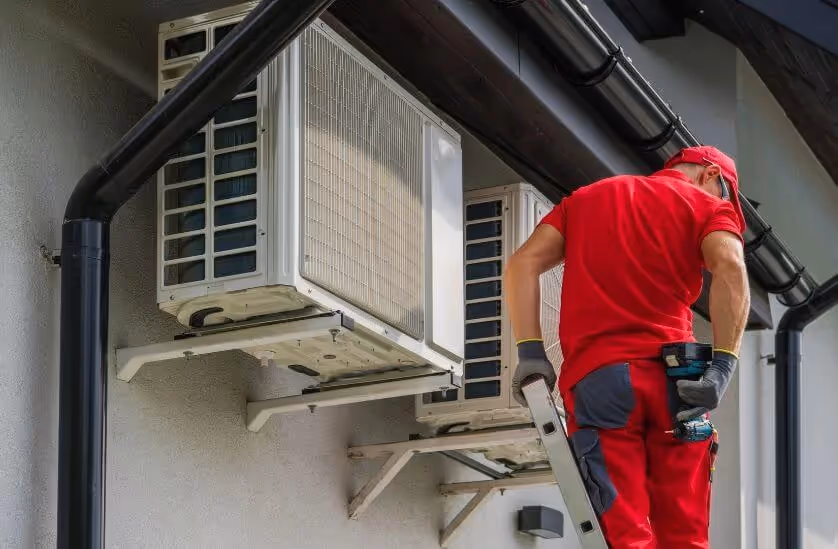 Man on a ladder to work on two suspended heat pumps
