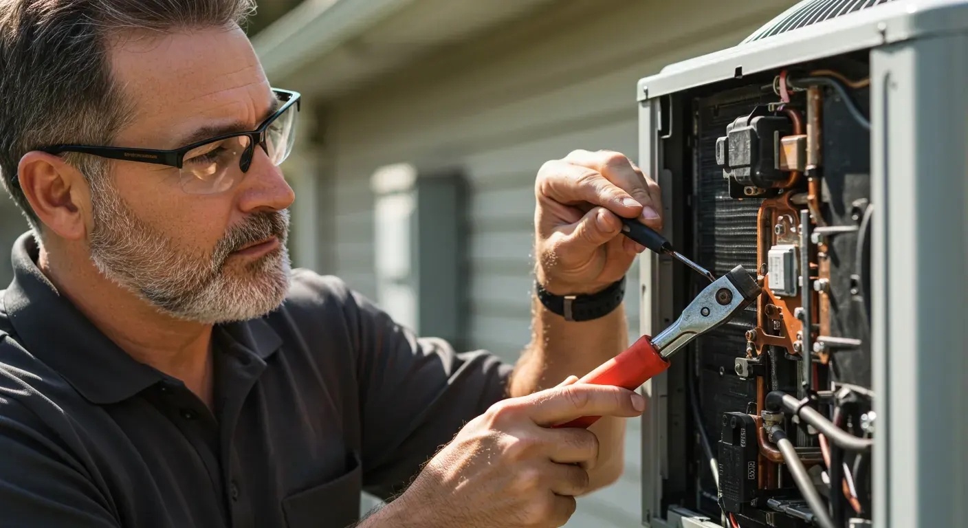 A focused technician with glasses and a beard uses a screwdriver and another tool to repair an open outdoor AC unit.