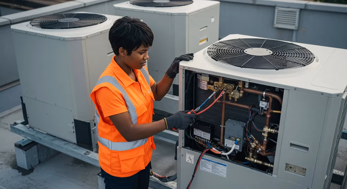 Technician checking rooftop HVAC unit.