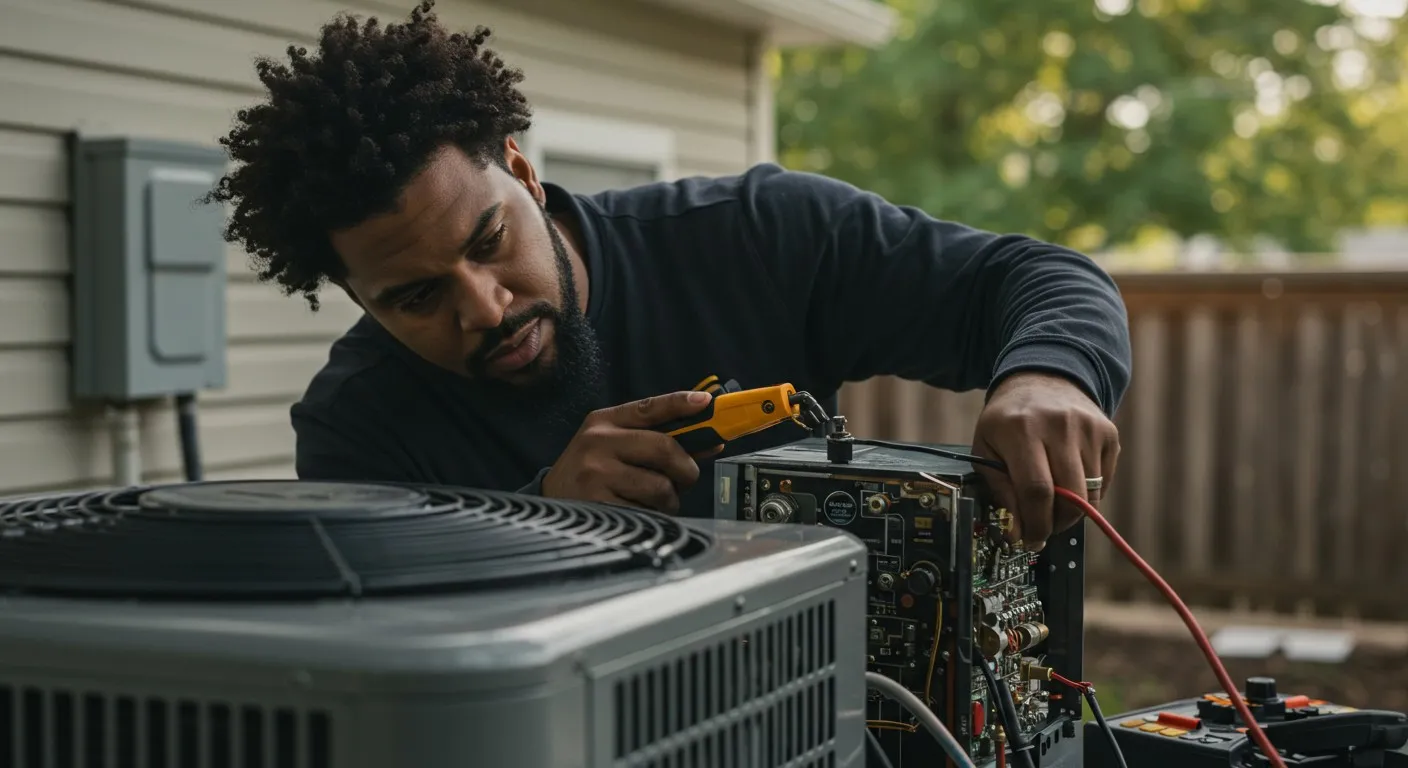 Man fixing outdoor air conditioning unit.