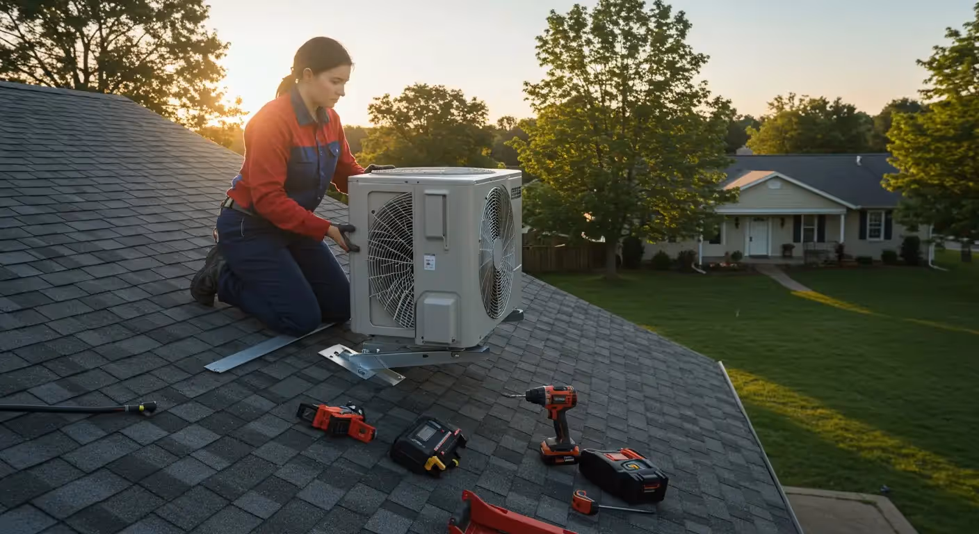 Woman installs mini-split unit on roof.