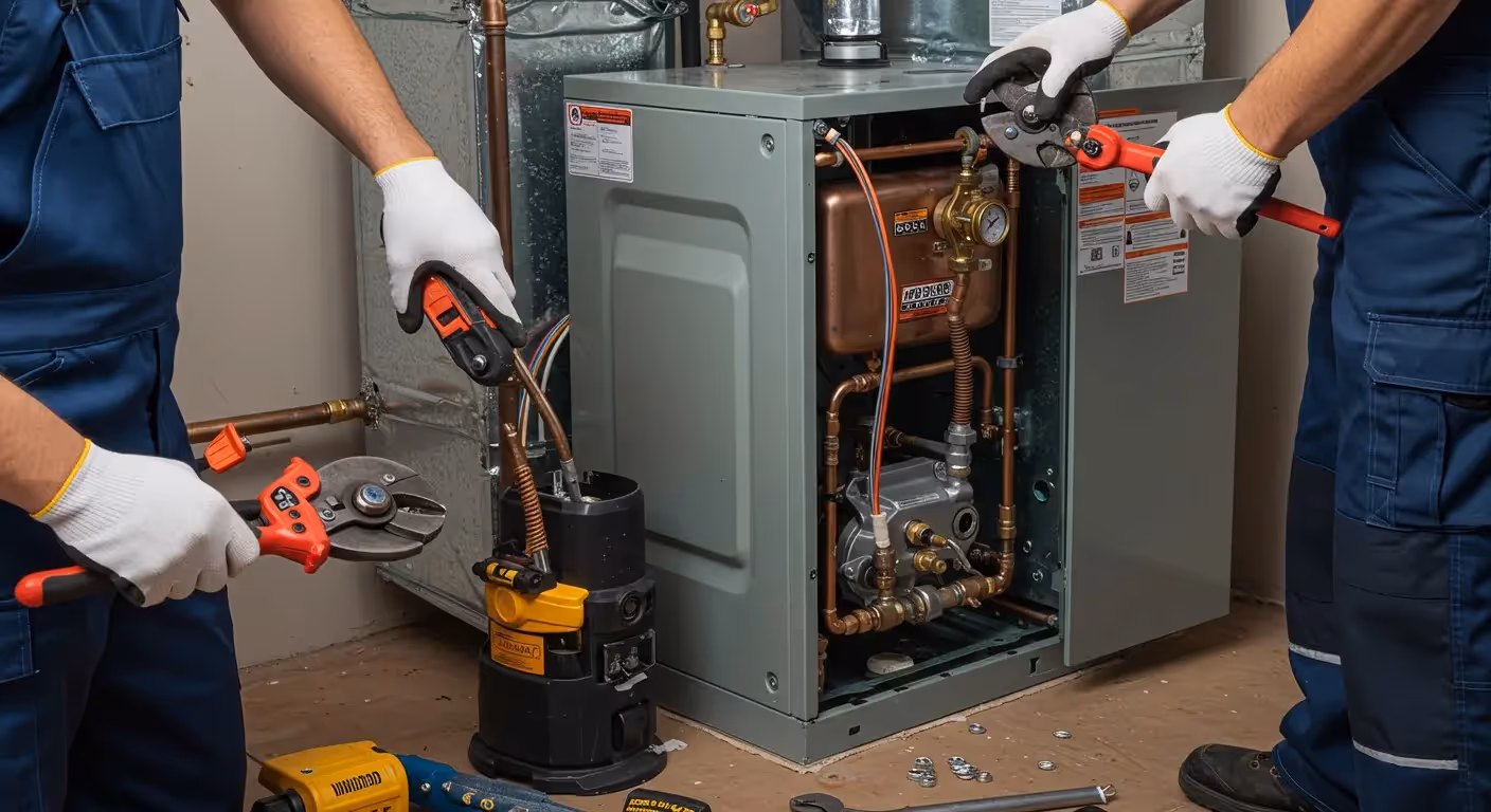 Technicians replace parts on furnace.