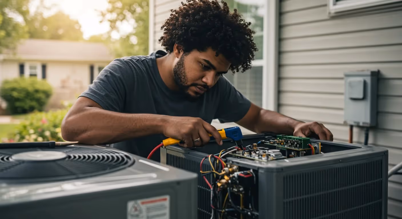 Man servicing outdoor residential AC unit.