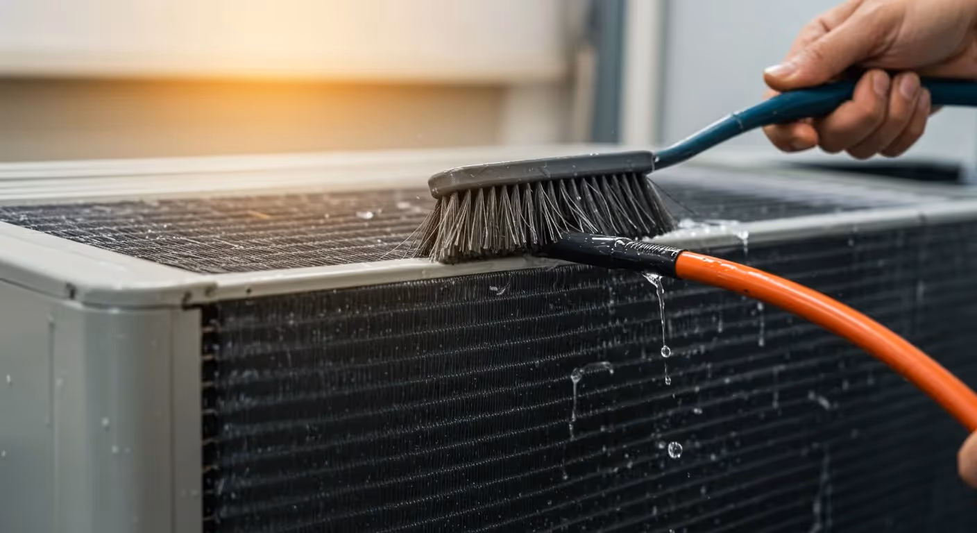 Cleaning outdoor AC condenser coil with brush.