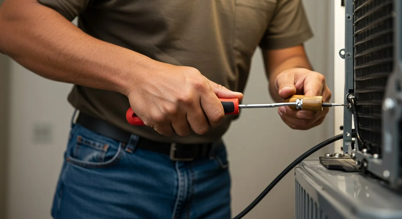 Technician tightening a screw with screwdriver.