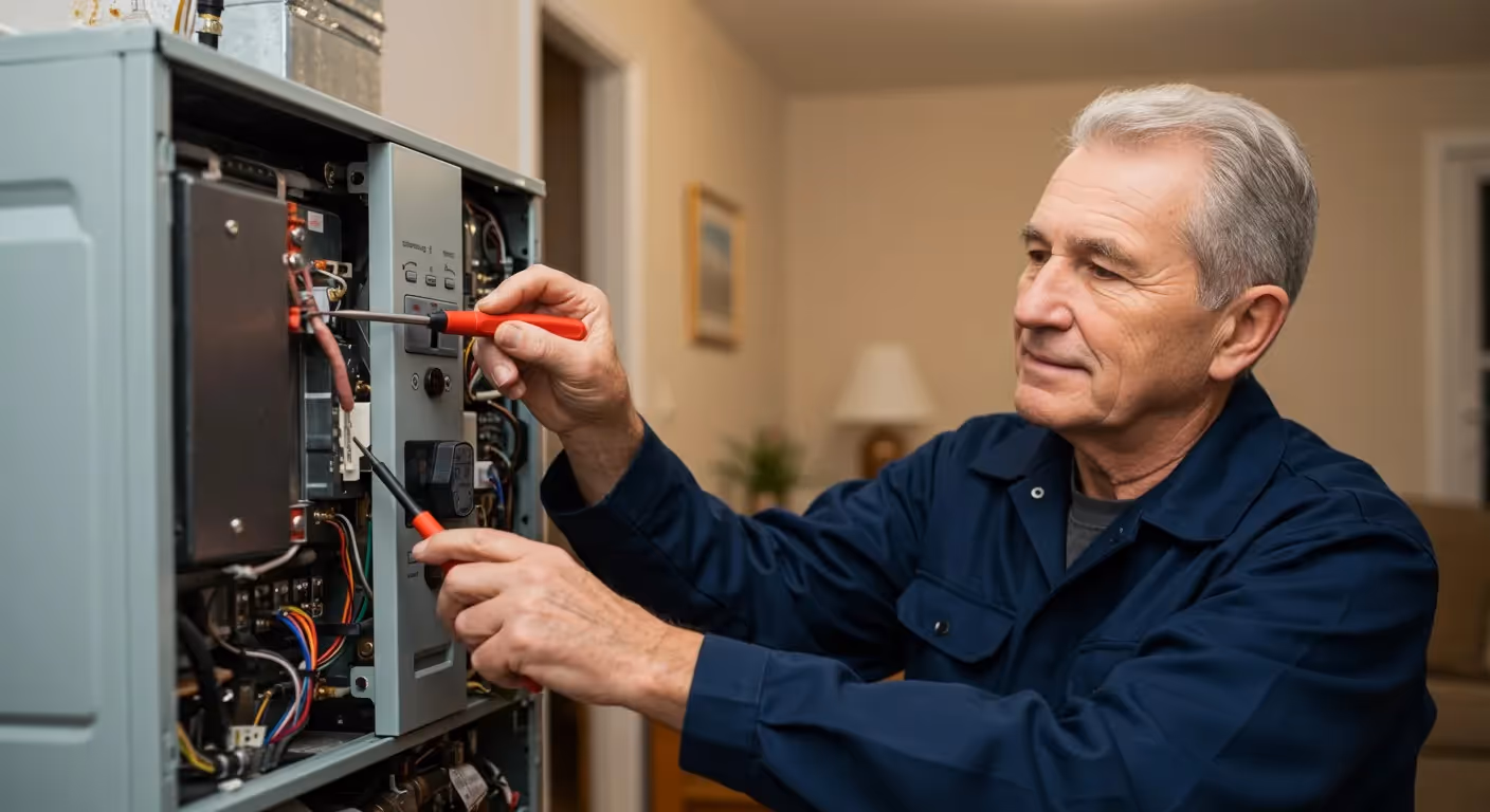 Man repairs indoor furnace wiring.