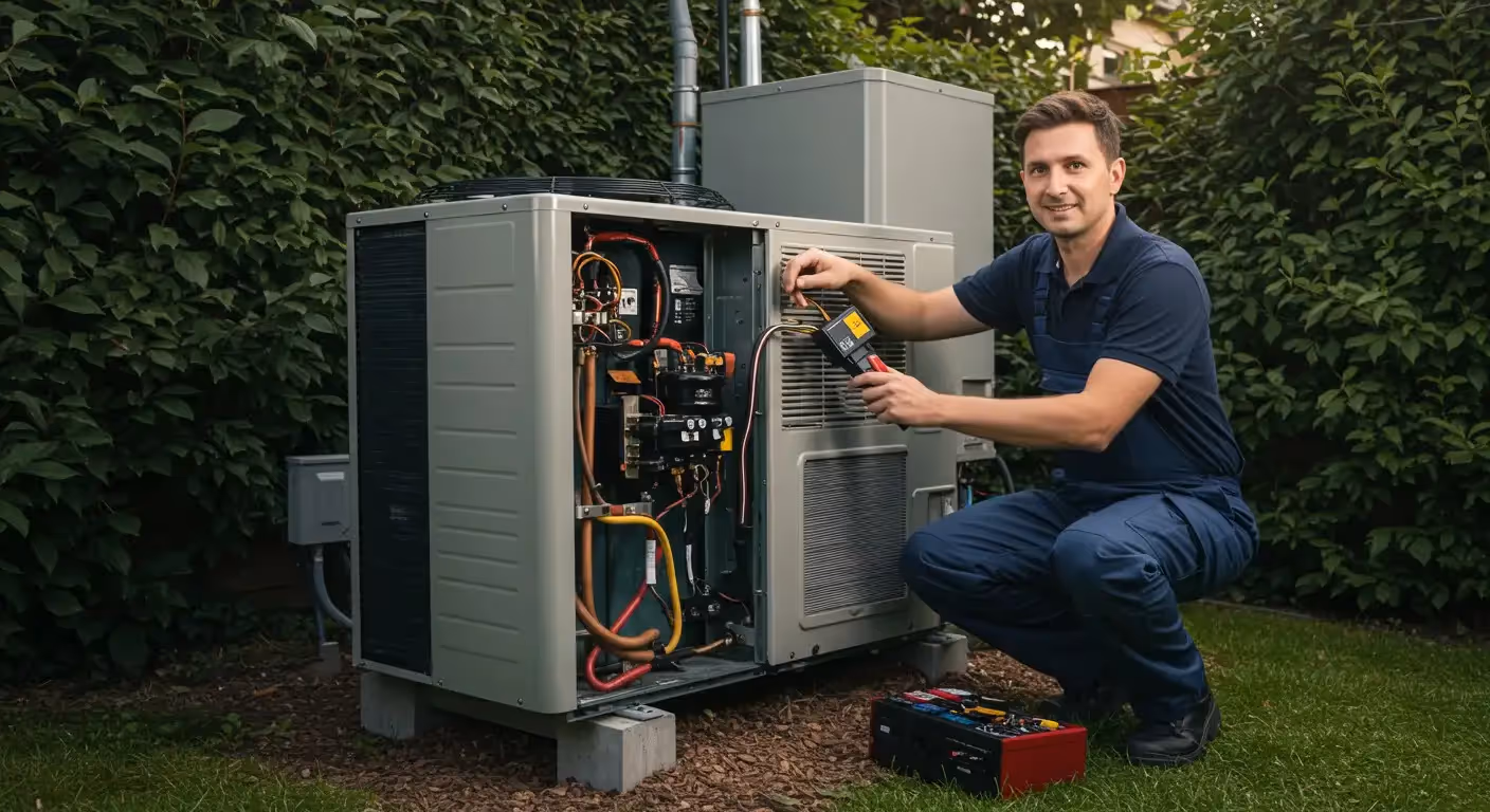 HVAC technician checking outdoor HVAC unit.
