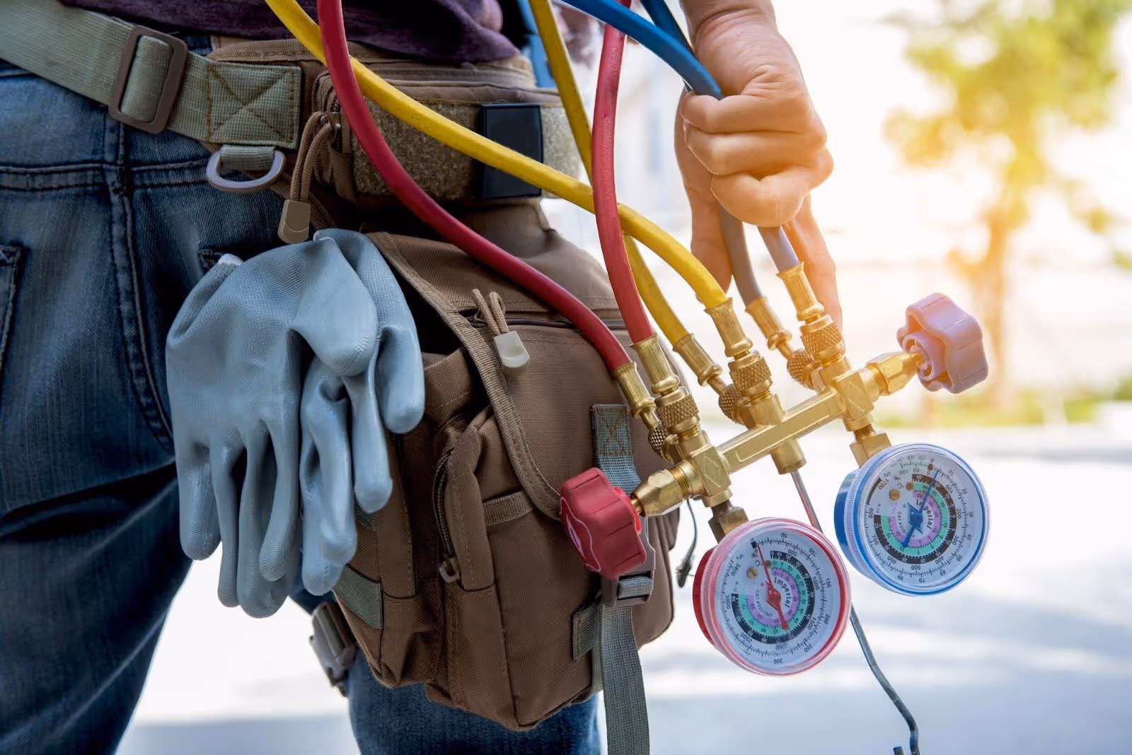 A man holds a hose and tools, prepared for maintenance or repair work in an outdoor setting
