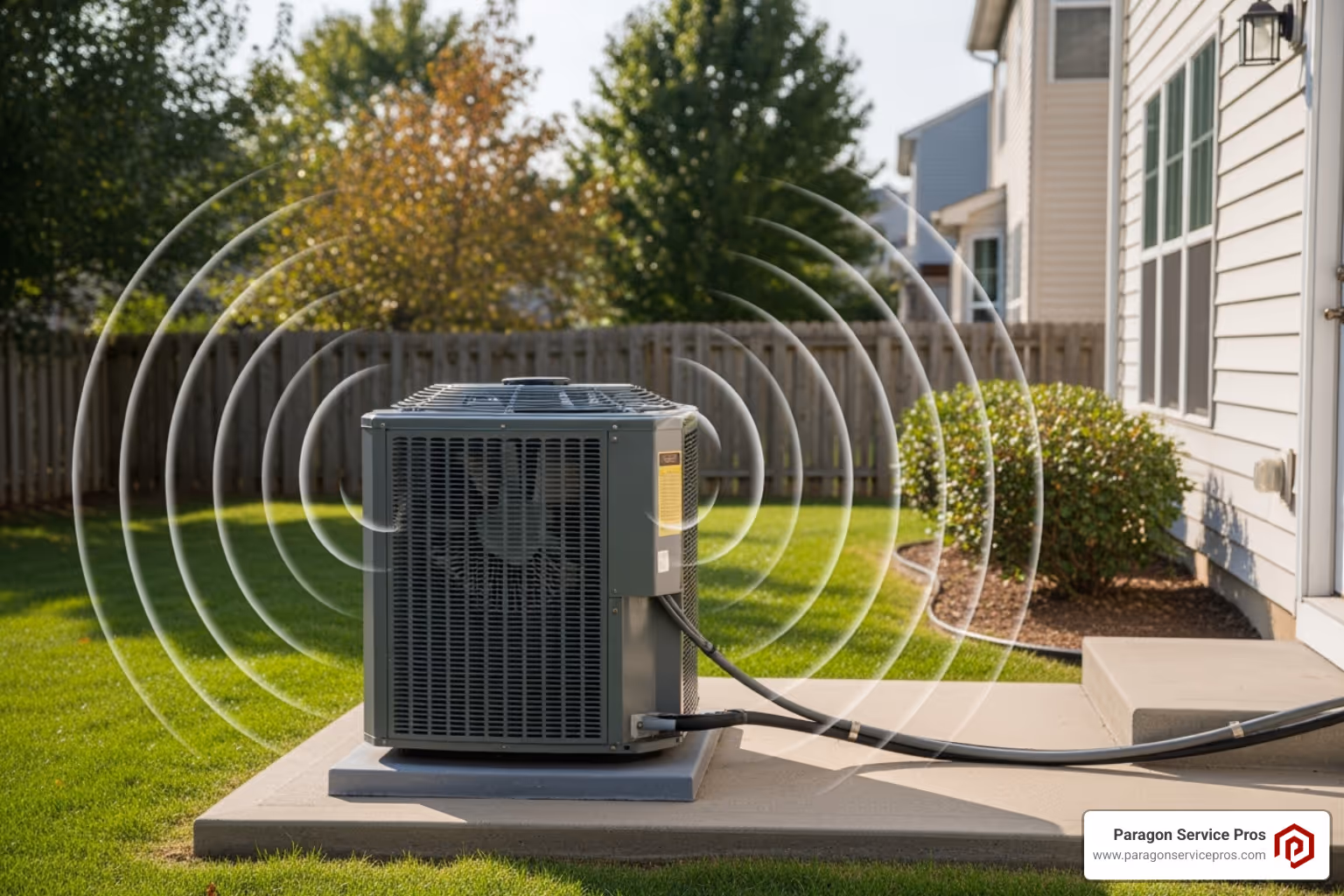 Outdoor AC unit with sound waves emanating from it - HVAC system problems
