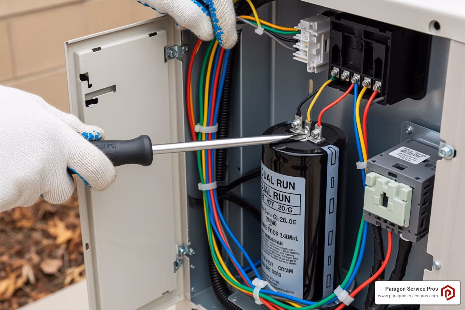 Image demonstrating how to safely discharge a dual-run capacitor with a screwdriver - AC capacitor check