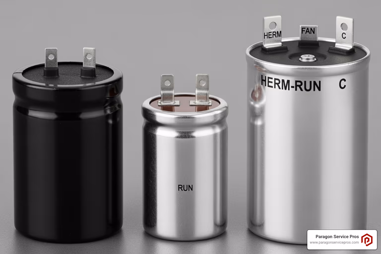 Image showing the difference between a start, run, and dual-run capacitor - AC capacitor check