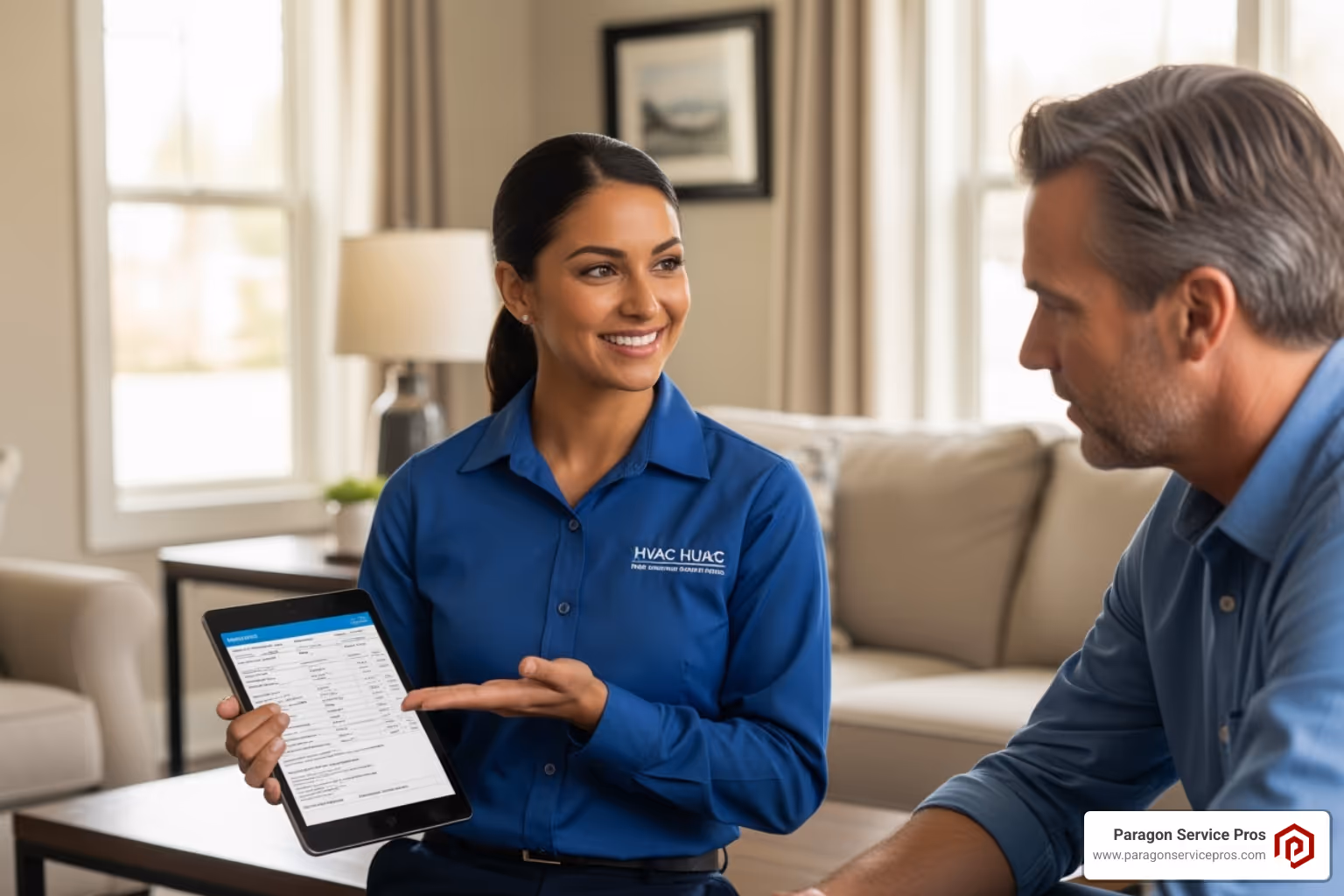 friendly technician providing a quote to a homeowner - air conditioning replacement services gilbert az