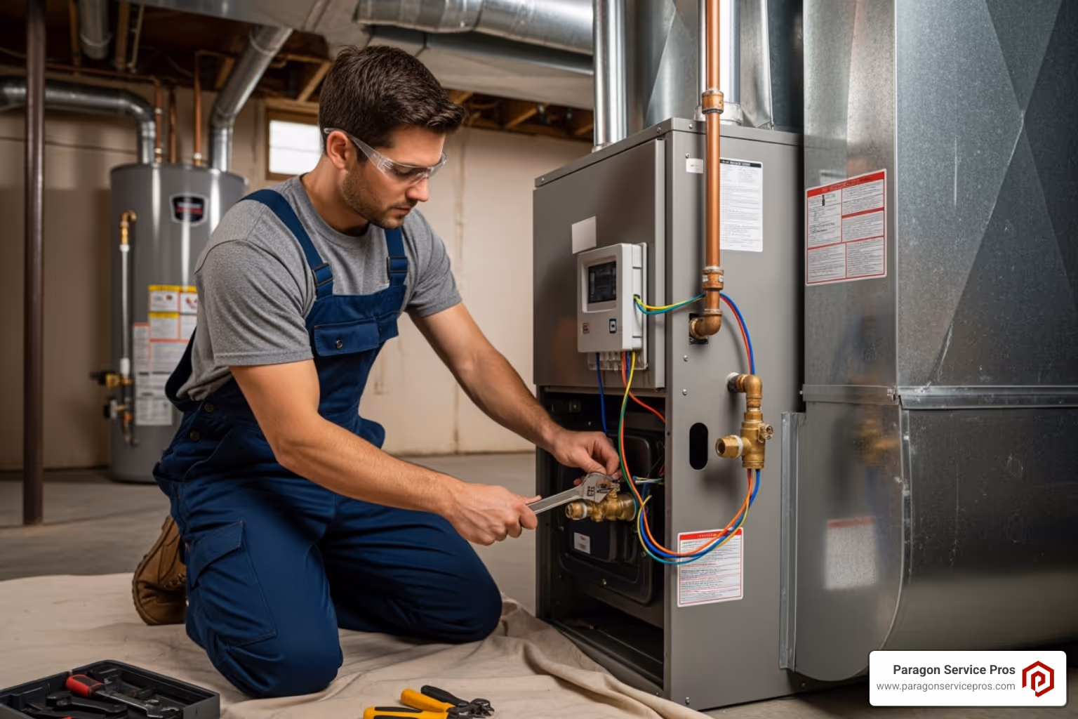 A professional HVAC technician is carefully installing a new furnace unit, ensuring all connections are secure and the system is properly aligned. - Heating system upgrade