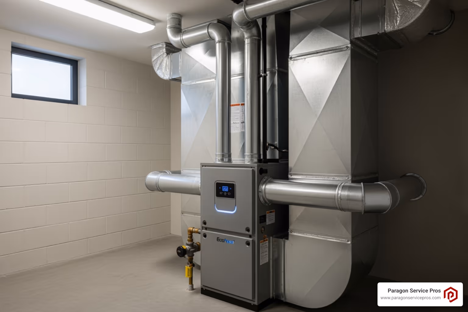 A modern, high-efficiency furnace unit with clean lines and visible ductwork connections, indicating a central heating system. - Heating system upgrade