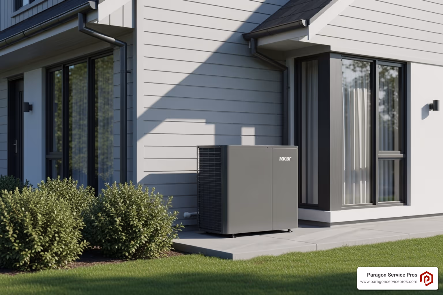 An outdoor heat pump unit, compact and modern, placed beside a residential house, blending with the exterior. - Heating system upgrade