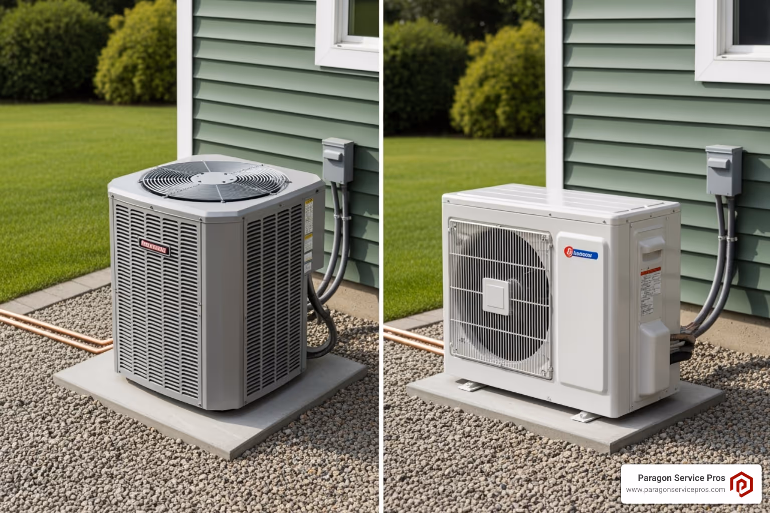 Image comparing a central AC unit and a ductless mini-split system - Air conditioning install Gilbert