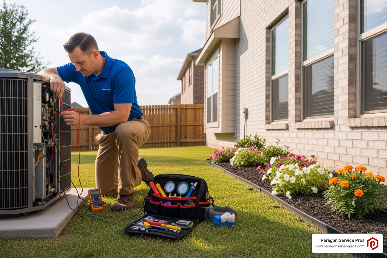 A technician performing a tune-up on an outdoor AC unit, carefully checking components. - AC maintenance agreement
