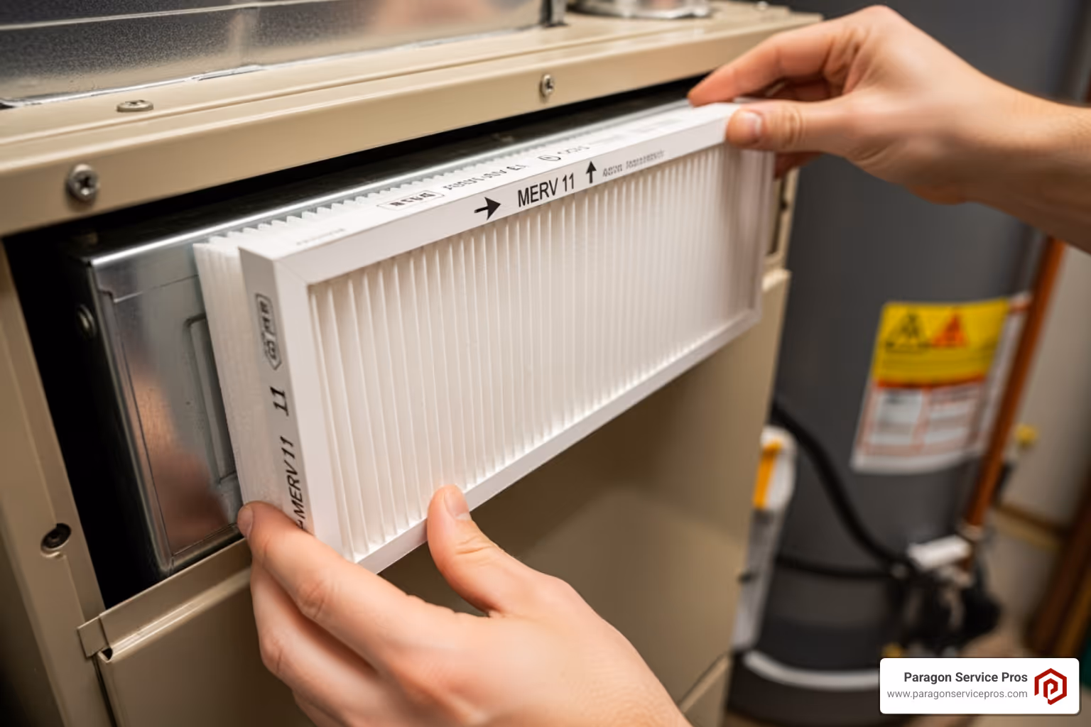 Clean HVAC air filter being installed - pet dander removal