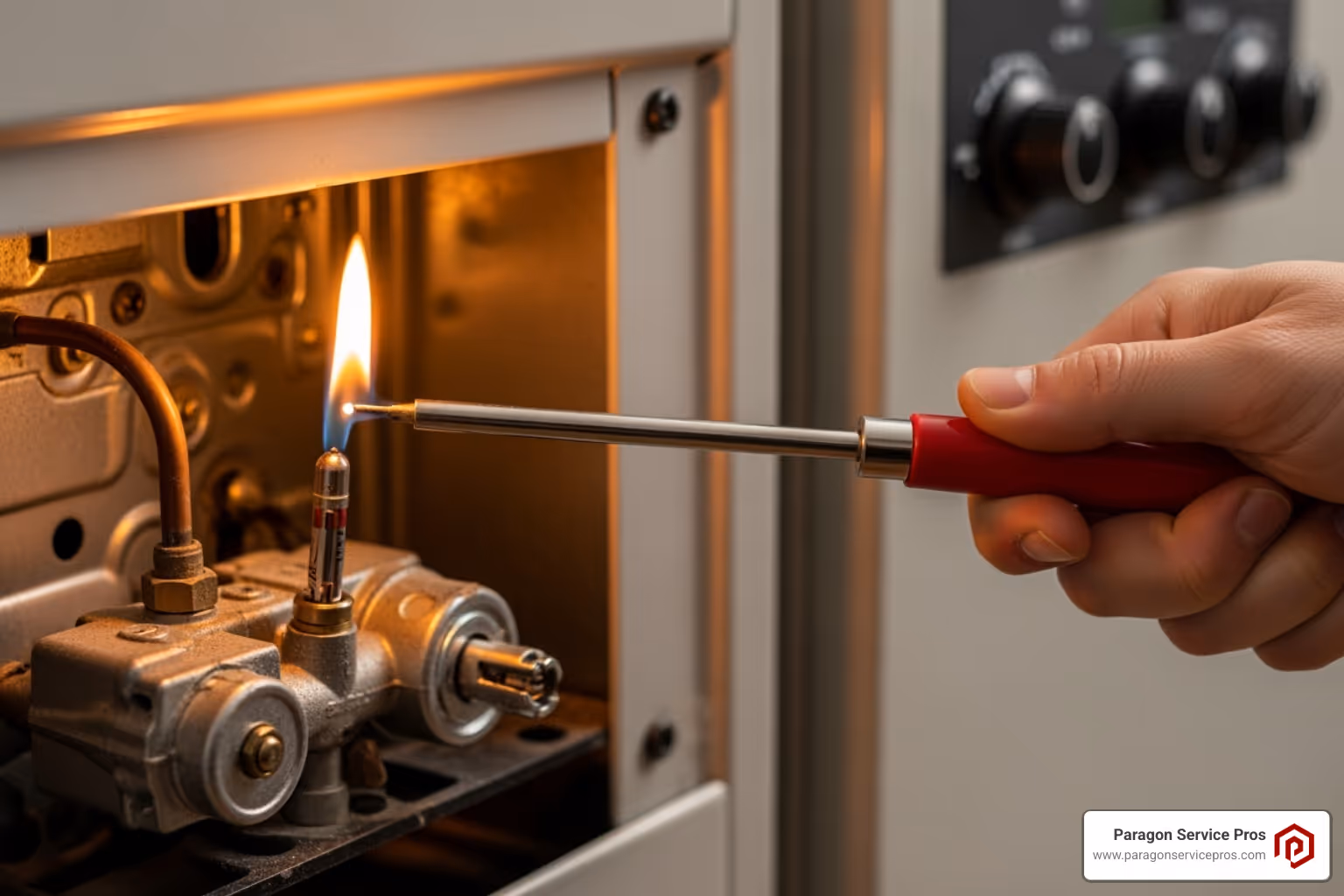 person using a long lighter to ignite the pilot - Furnace pilot light