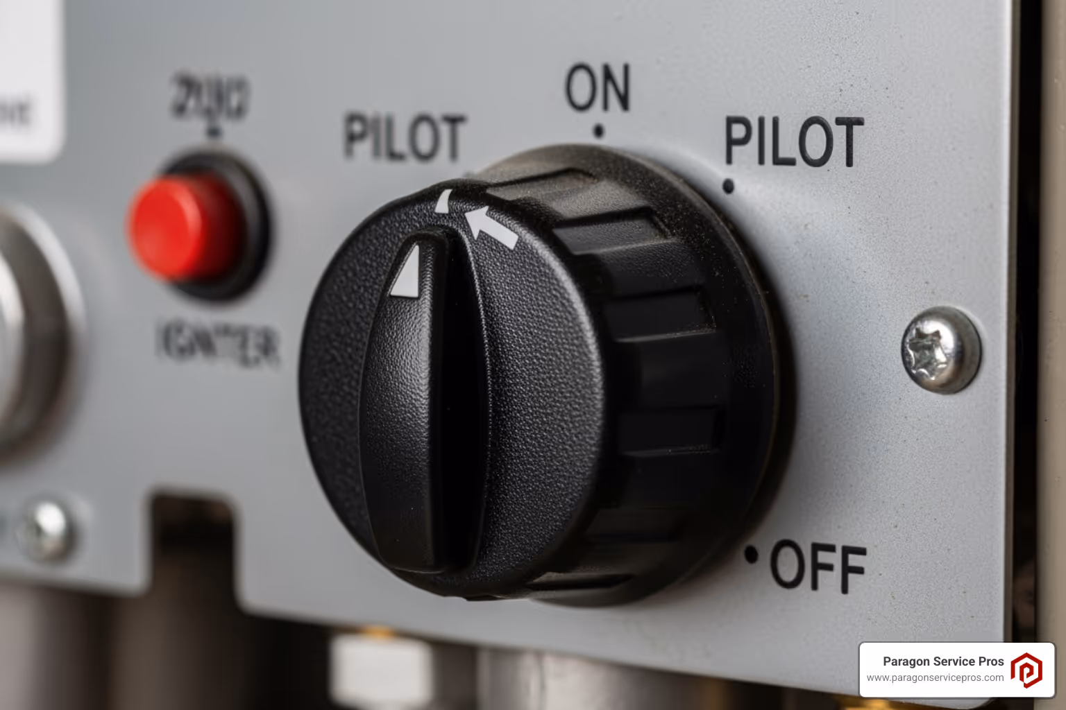 gas control knob on a furnace showing "PILOT" and "ON" settings - Furnace pilot light