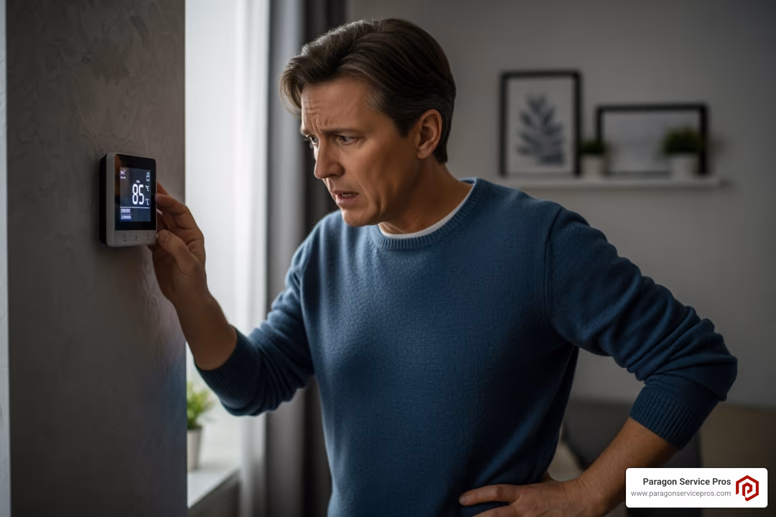 homeowner looking concerned at a thermostat - HVAC Repair in American Fork