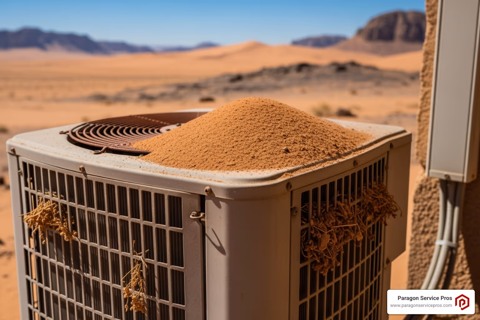 A dusty outdoor AC unit in a desert landscape - Central AC repair Chandler