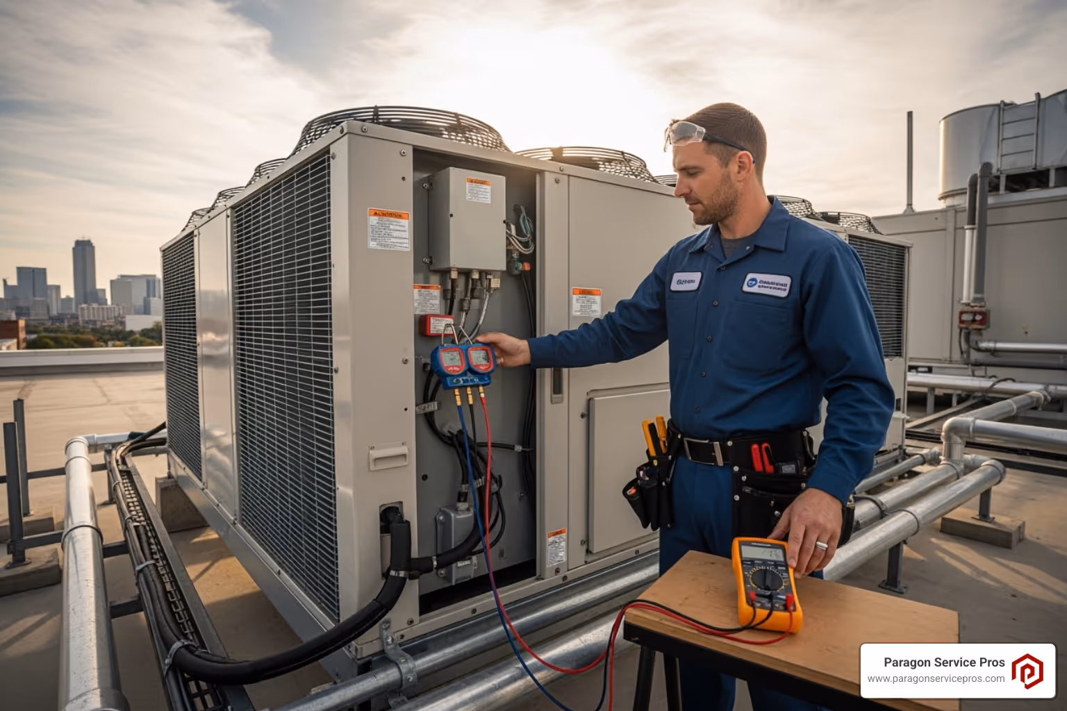 technician performing a system assessment - commercial ac install gilbert