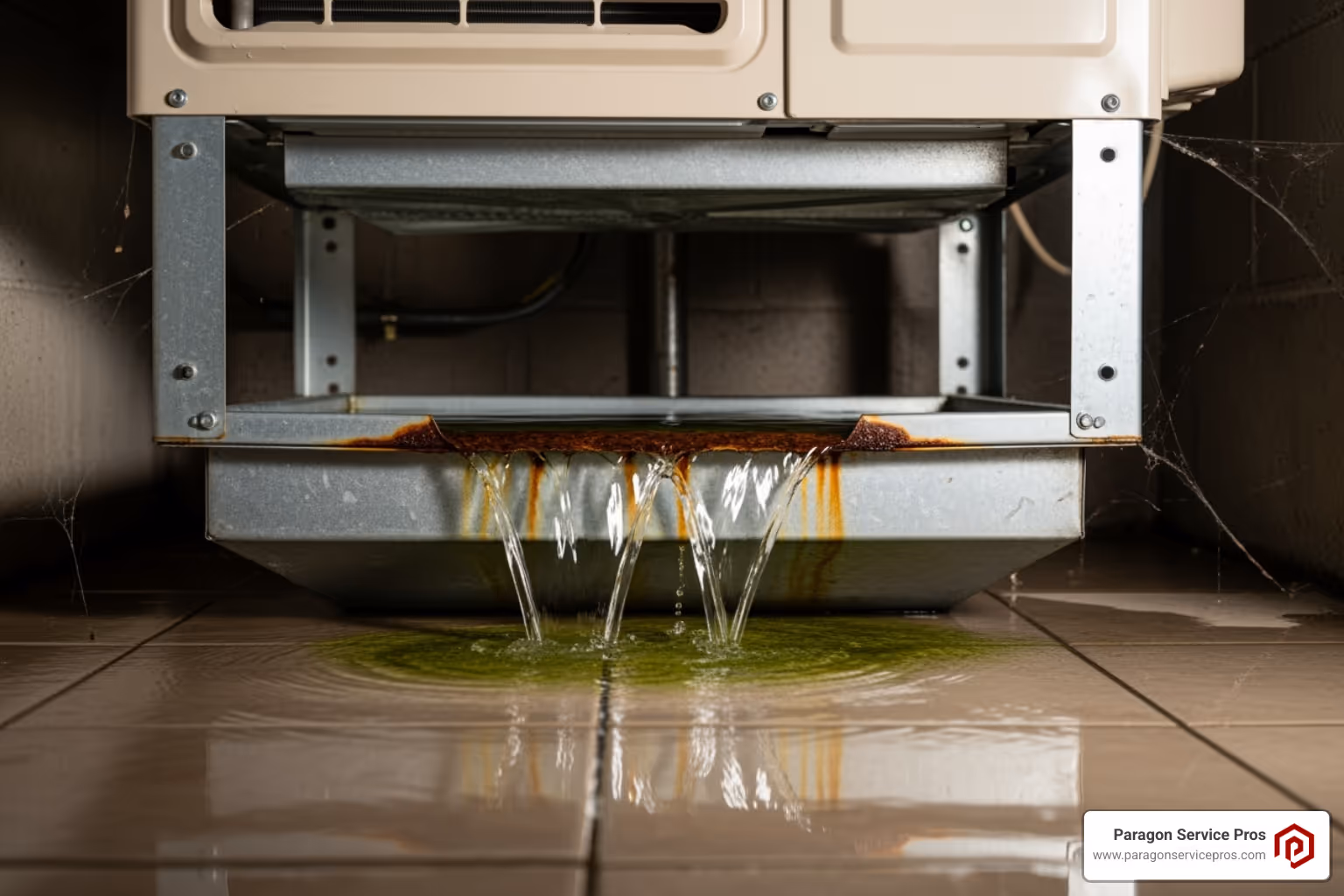 An overflowing AC condensate drain pan with water spilling onto the floor - AC drain line
