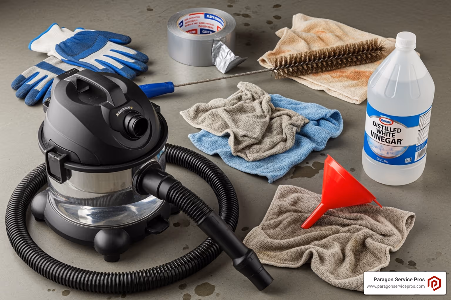 Tools and materials for cleaning an AC drain line, including a wet/dry vacuum, distilled white vinegar, funnel, rags, stiff wire brush, duct tape, and gloves - AC drain line