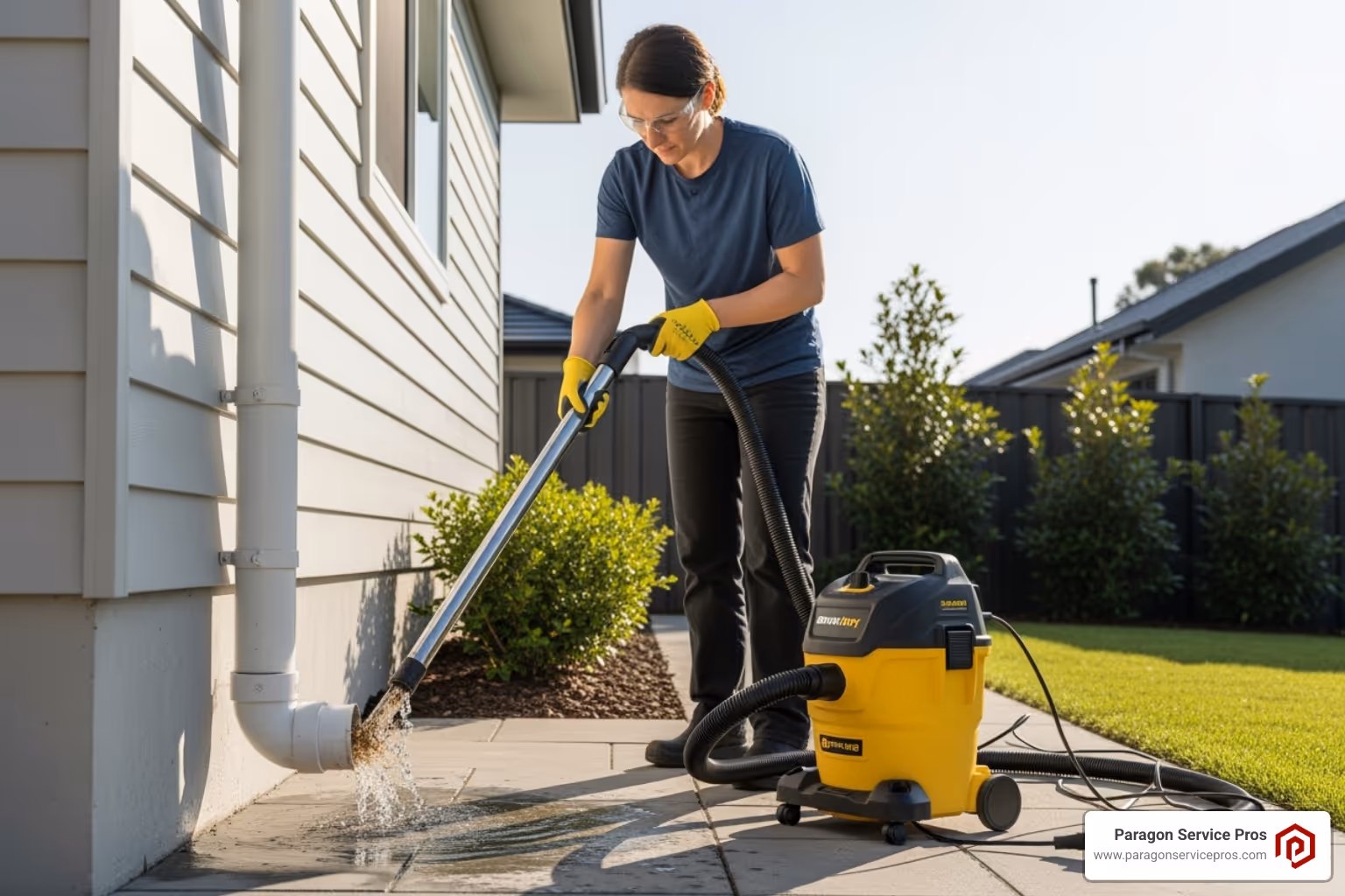 A homeowner safely using a wet/dry vacuum on their outdoor AC drain pipe to clear a clog - AC drain line