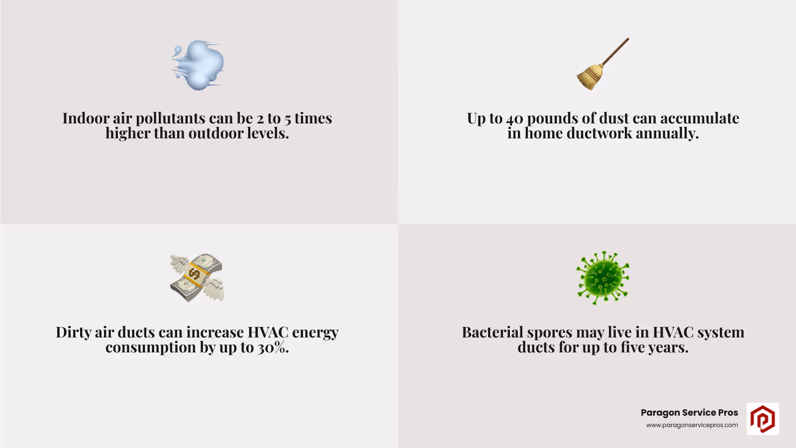 Infographic showing common air duct contaminants including dust mites, pollen particles, pet dander, mold spores, bacteria, and debris that accumulate in Chandler homes' HVAC systems, with visual representations of how these pollutants circulate through home air - Air Duct Cleaning in Chandler infographic 4_facts_emoji_grey