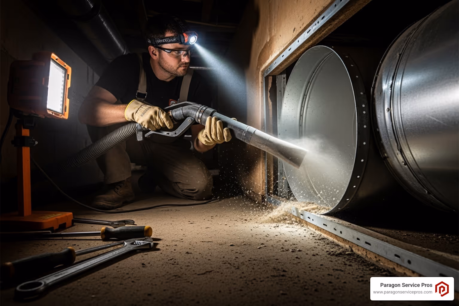 Image of a technician using a high-powered vacuum on a home's duct system during cleaning - Air Duct Cleaning in Chandler