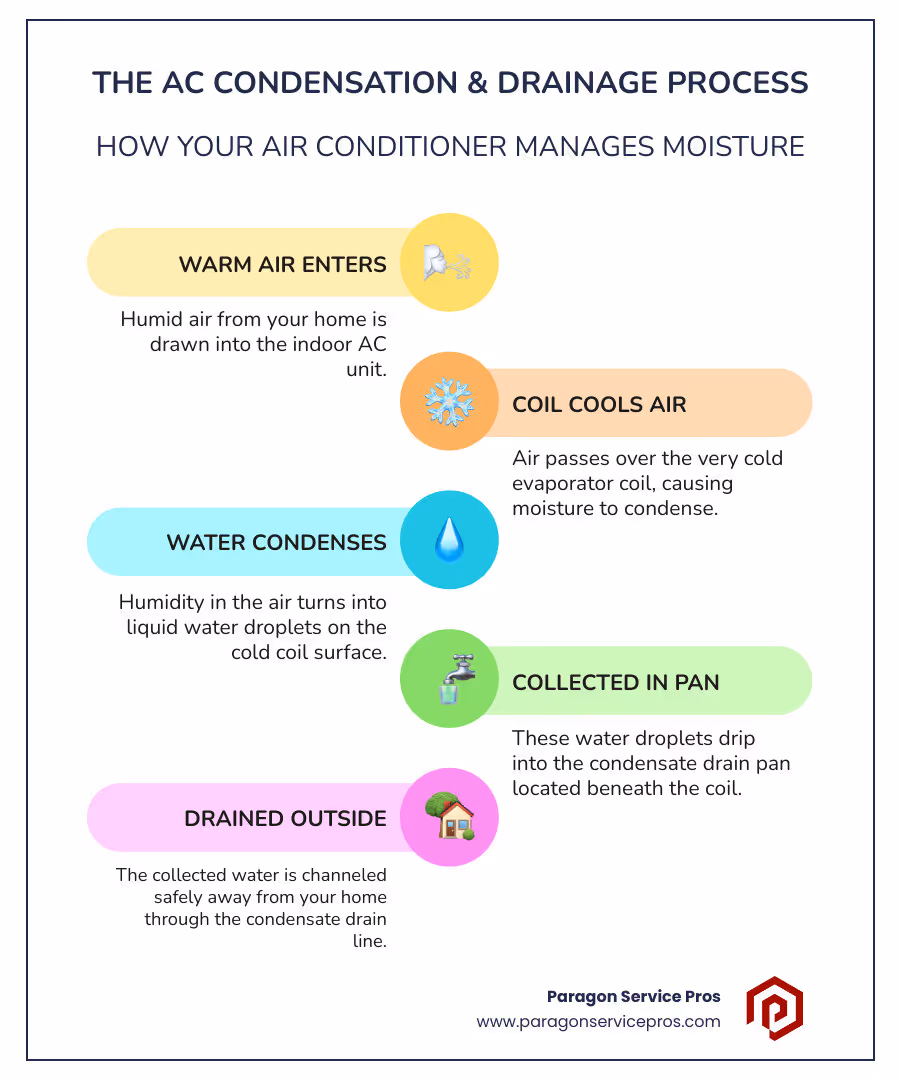 Detailed infographic showing AC condensation process: warm air entering evaporator coil, water droplets forming on cold coil surface, condensation collecting in drain pan, and proper drainage through condensate line to outside - AC leaking water infographic infographic-line-5-steps-colors