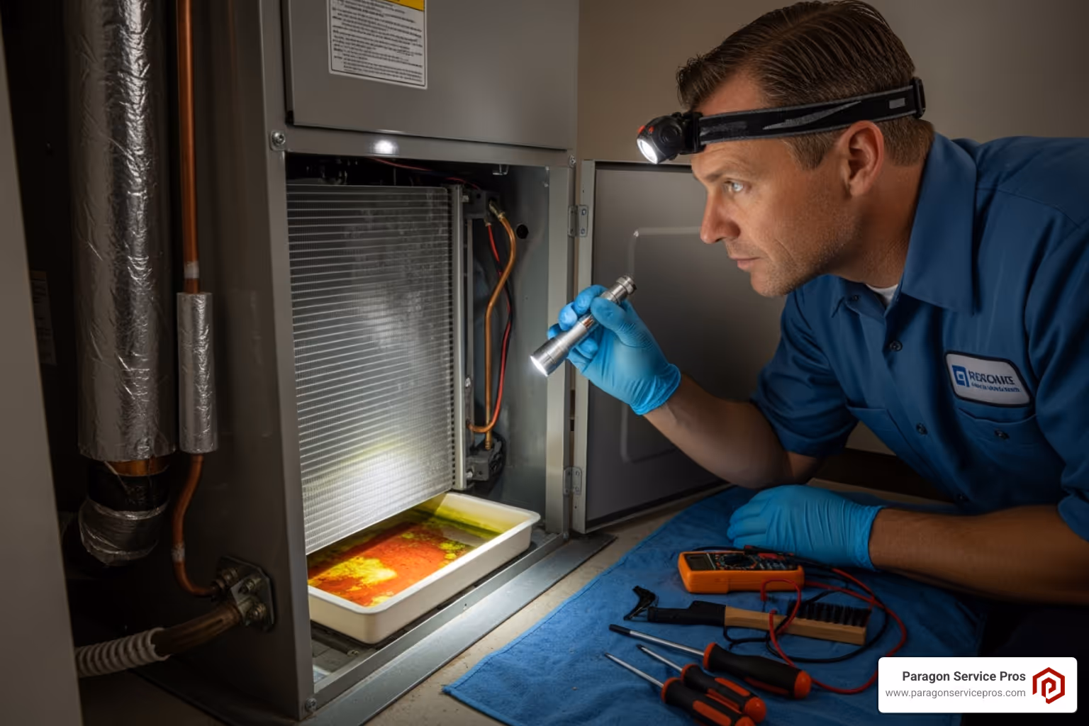 of a technician inspecting an indoor AC unit - AC leaking water