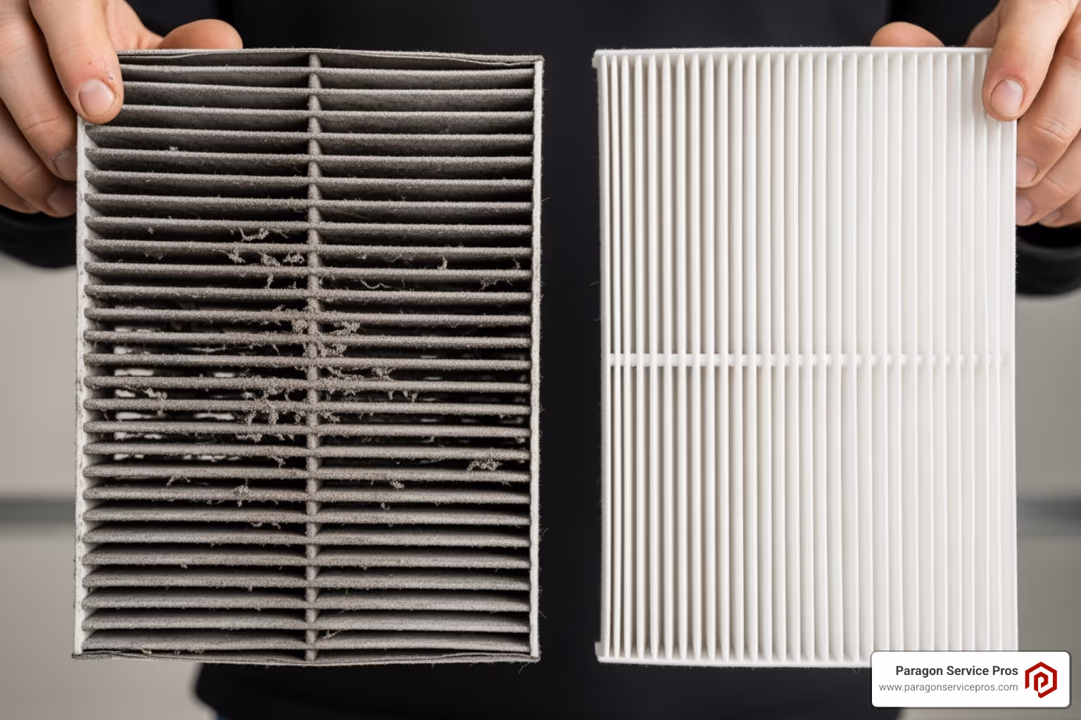 A homeowner holding a dirty air filter next to a clean one - AC not turning on