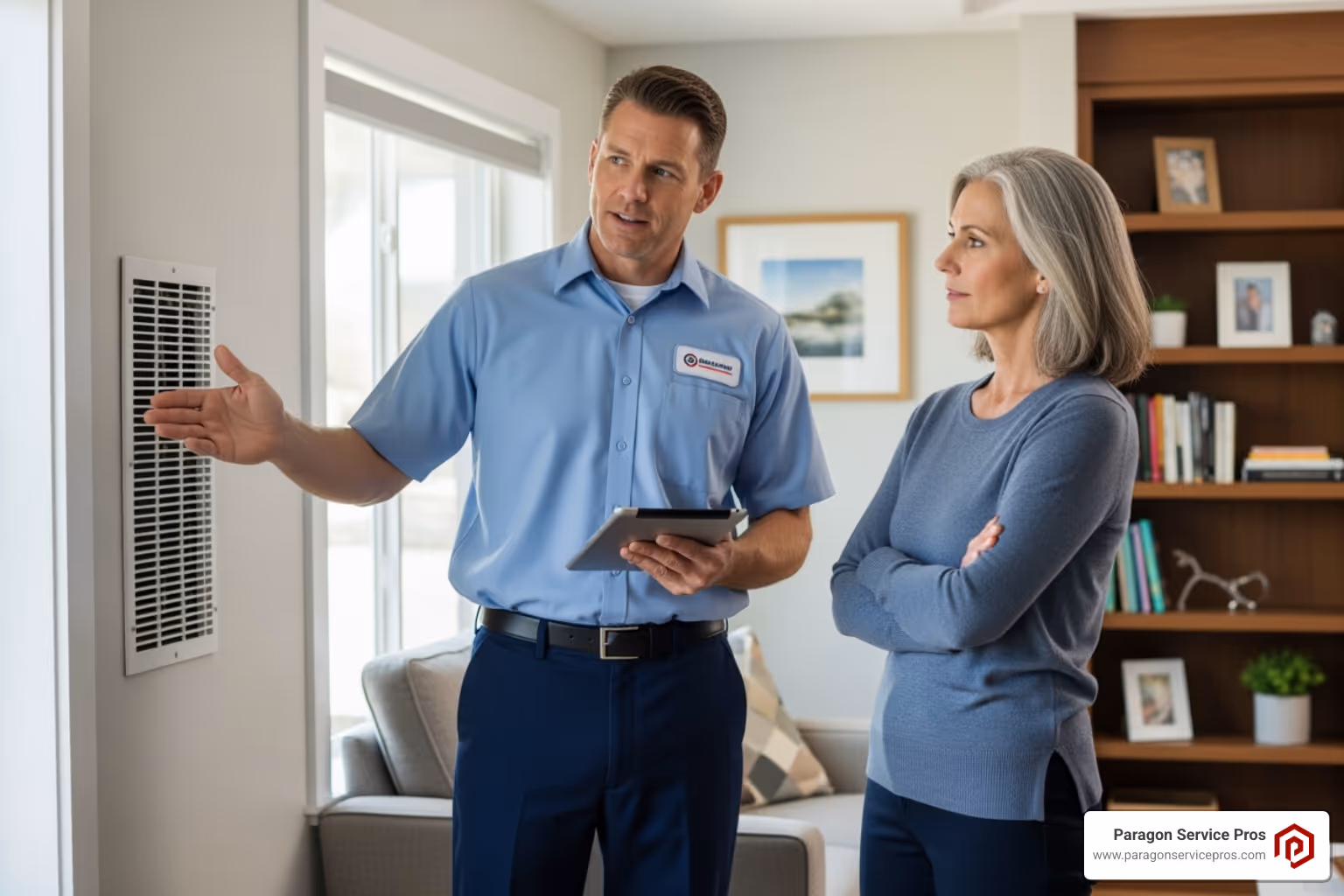 a friendly, professional technician talking with a homeowner - heater repair chandler az