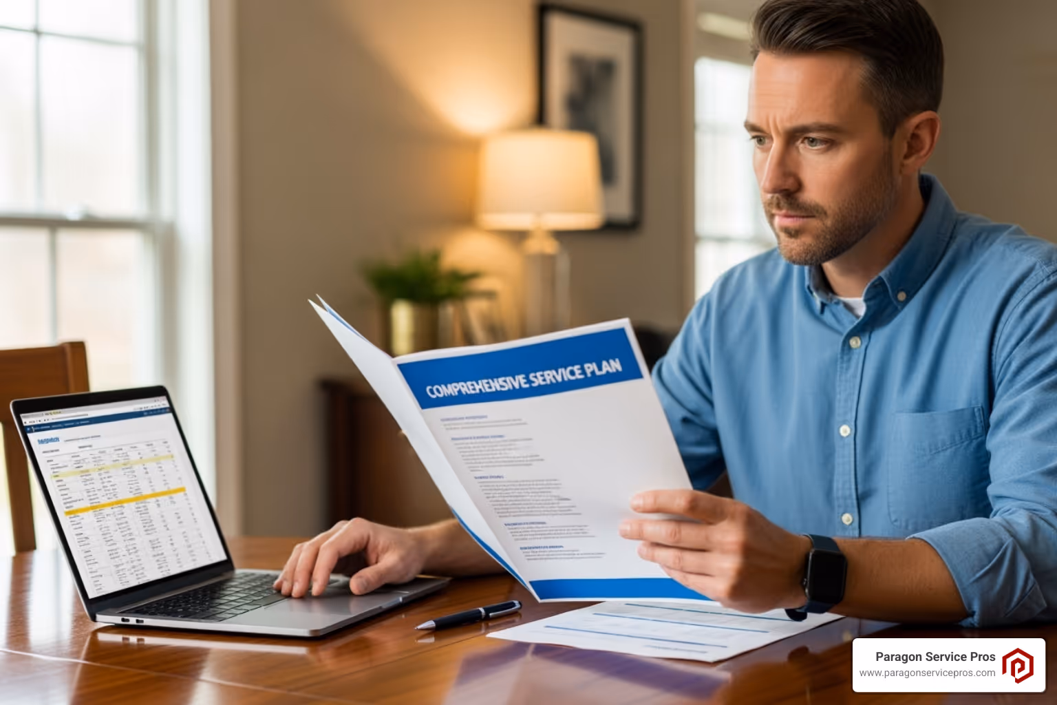 A homeowner thoughtfully reviewing a service plan document, emphasizing the importance of making an informed decision - AC service plans