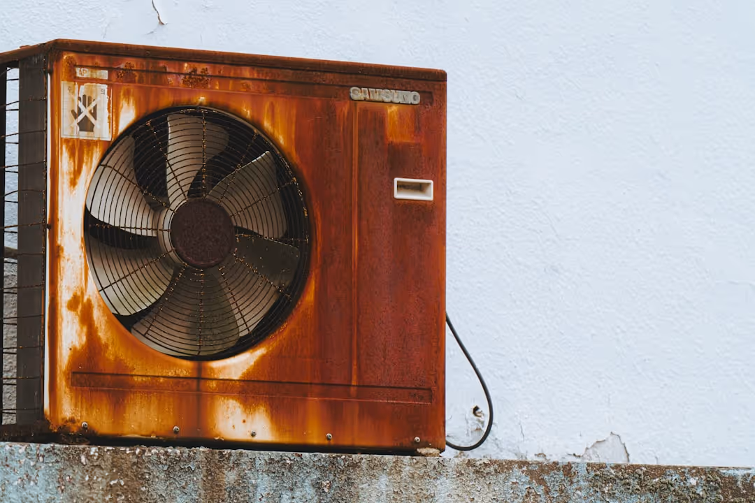 An old, rusted outdoor air conditioning unit. - Same day AC replacement
