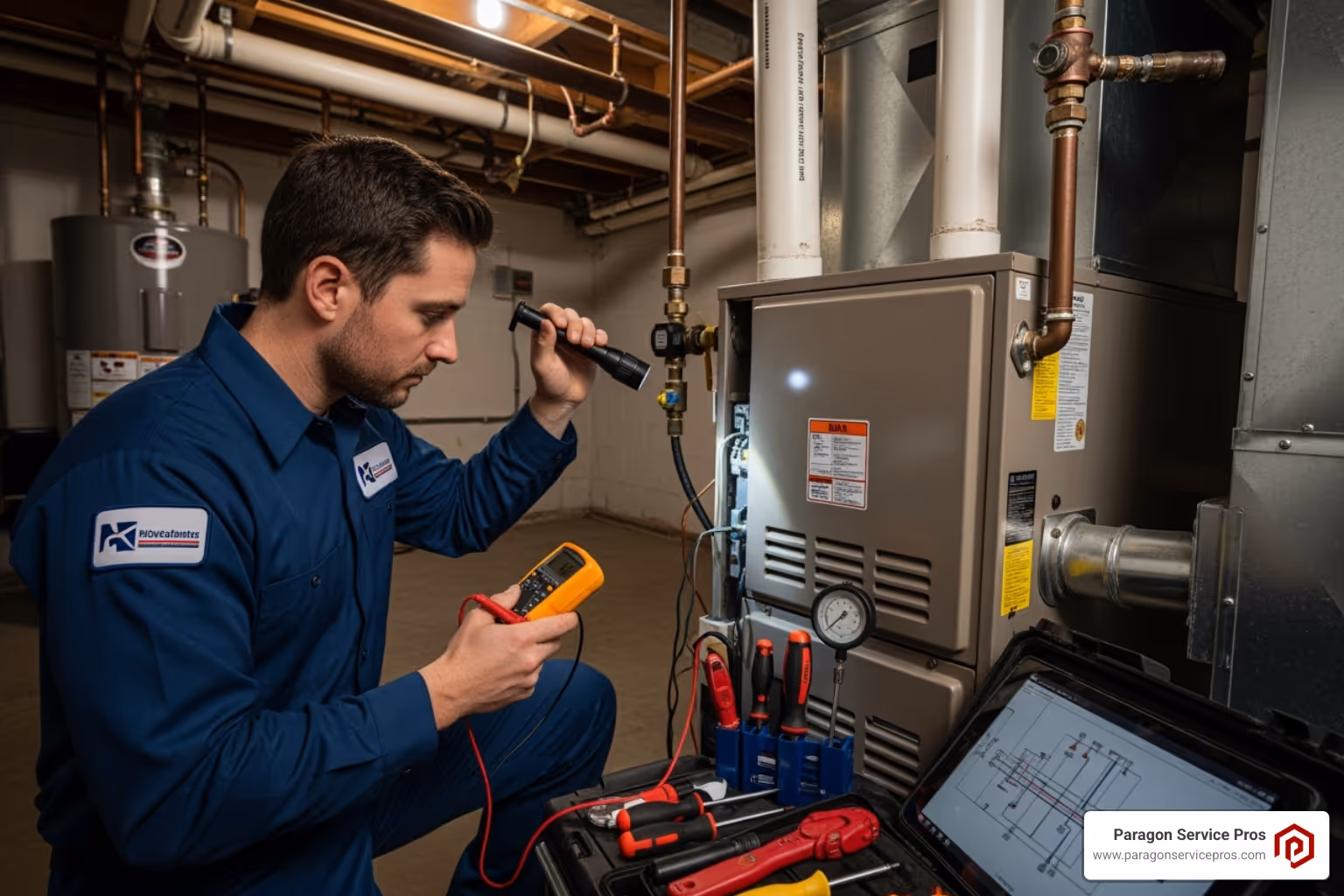 Professional technician diagnosing a furnace issue - Emergency furnace service