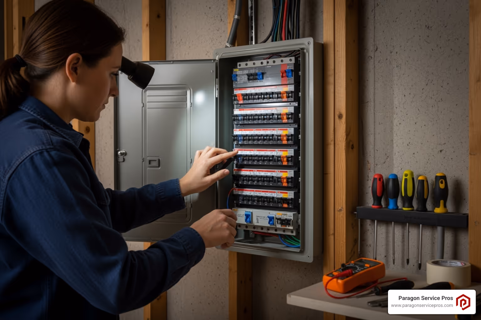Homeowner checking a circuit breaker panel - Emergency furnace service