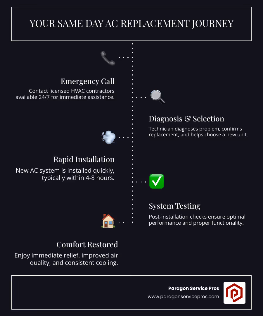 Infographic showing the same day AC replacement process from emergency call to system testing, including timeline of 4-8 hours, common warning signs like no cooling and strange noises, and immediate benefits like restored comfort and improved efficiency - Same day AC replacement infographic infographic-line-5-steps-dark