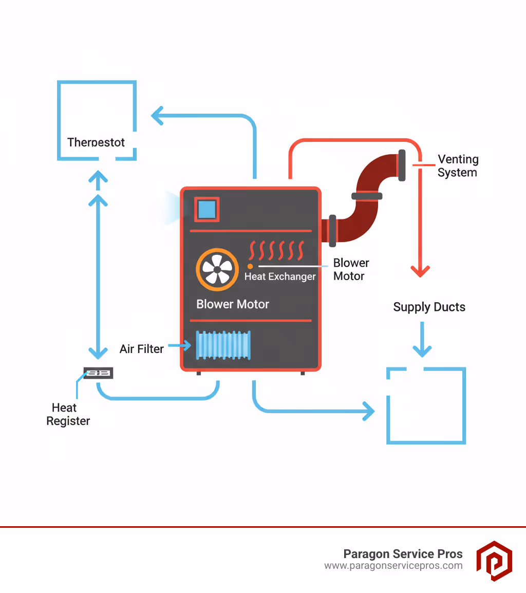 Infographic showing the basic components of a home furnace system including the thermostat, air filter, blower motor, heat exchanger, and venting system, with arrows indicating airflow direction through the home's ductwork during the heating cycle - furnace repair bluffdale, ut infographic