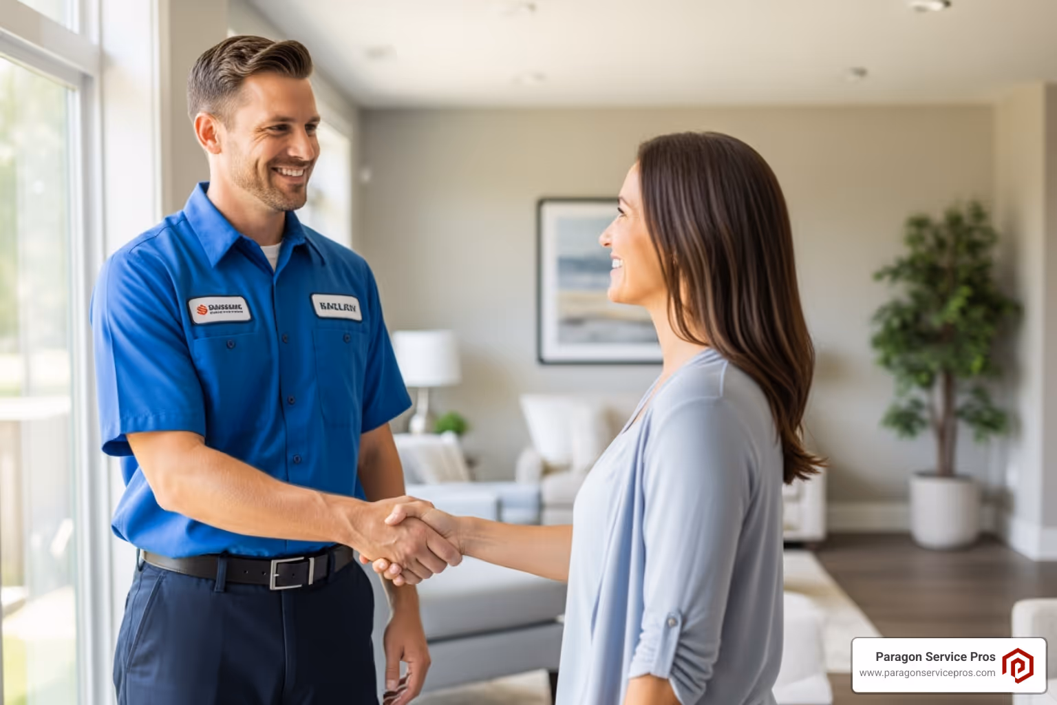 A professional, friendly technician shaking a homeowner's hand - furnace repair bluffdale, ut