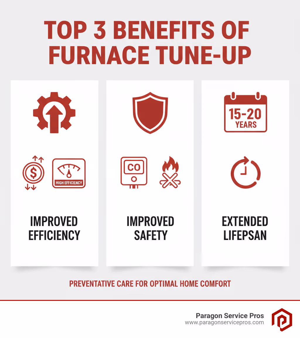 Infographic showing the top 3 benefits of furnace tune-up: improved efficiency with dollar signs and energy meter, improved safety with shield icon and carbon monoxide detector, and extended lifespan with calendar showing 15-20 years - Furnace tune-up service infographic 