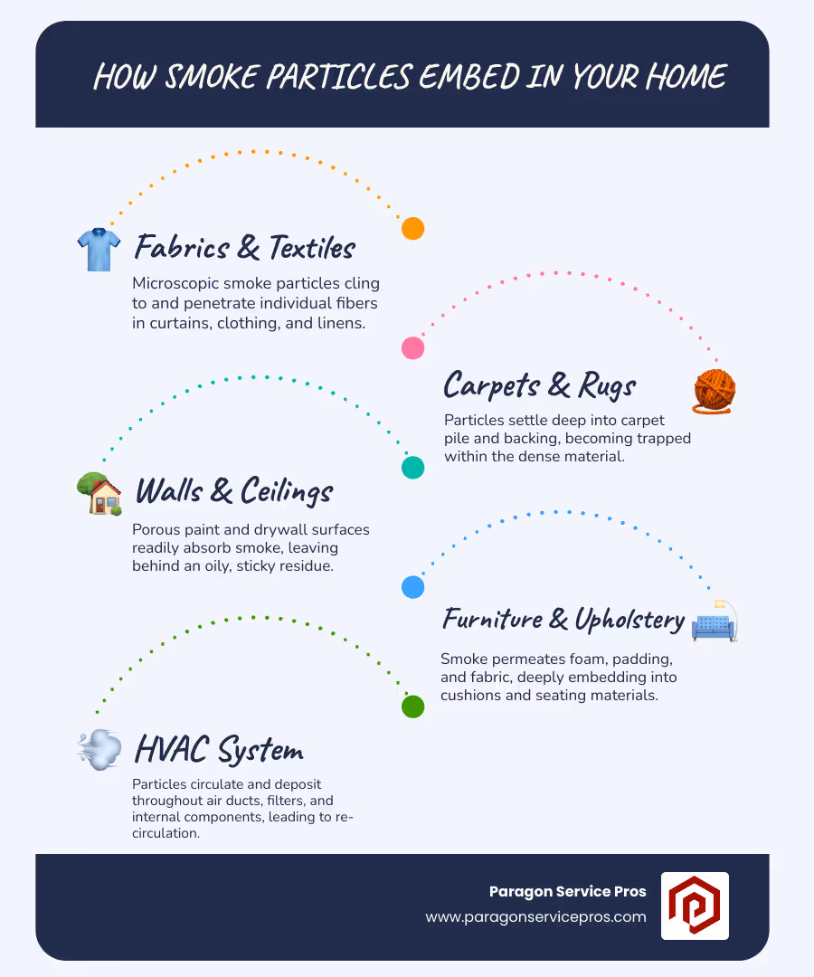 Infographic showing how microscopic smoke particles penetrate and embed into porous household surfaces including fabric fibers, drywall pores, carpet backing, and furniture upholstery, with arrows indicating particle movement and adhesion points - smoke odor removal infographic infographic-line-5-steps-blues-accent_colors