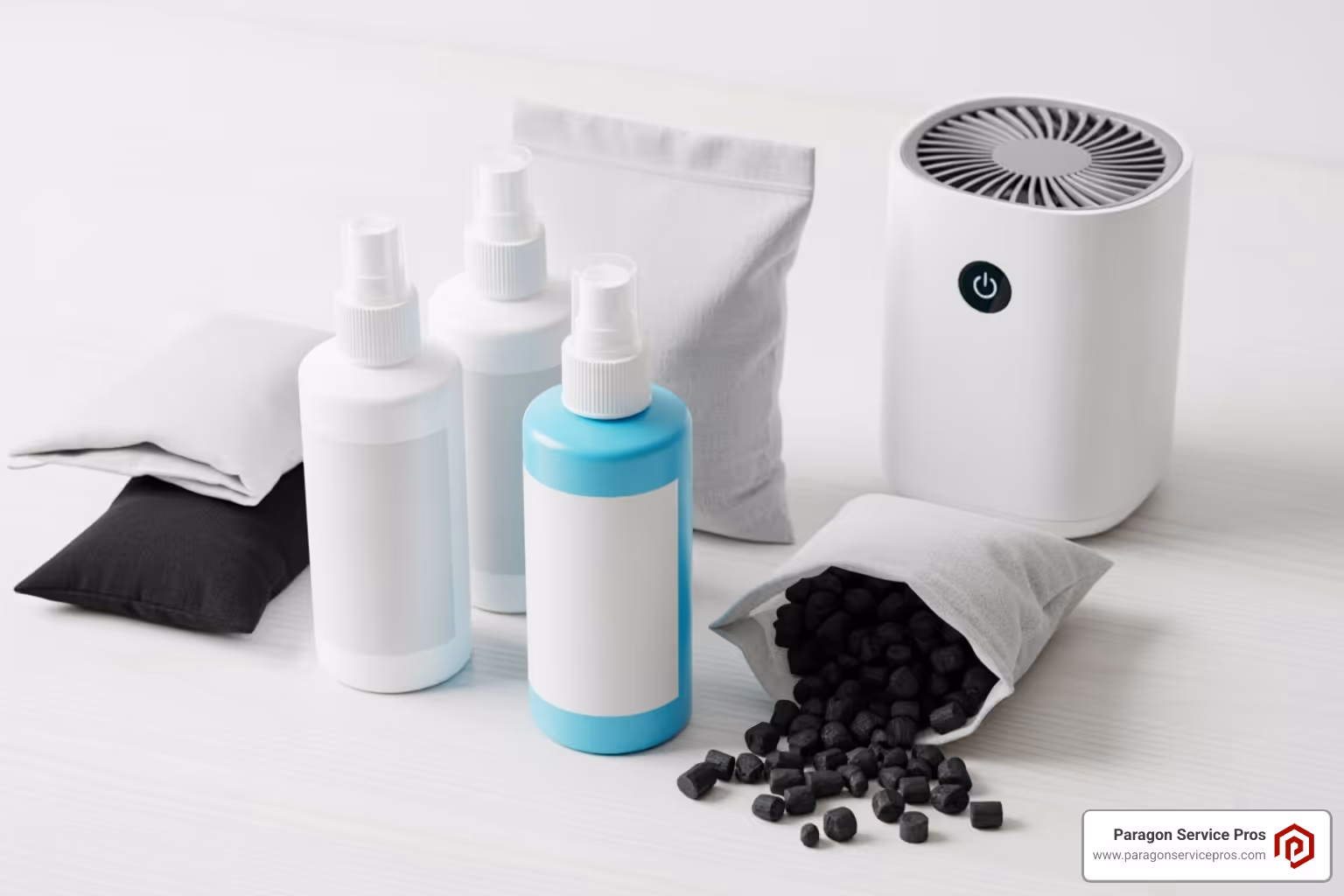 collection of generic odor-eliminating products like sprays, charcoal bags, and an air purifier - smoke odor removal