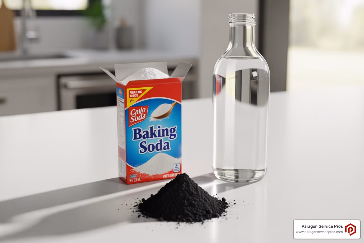 DIY ingredients like baking soda, white vinegar, and activated charcoal on a clean kitchen counter - smoke odor removal