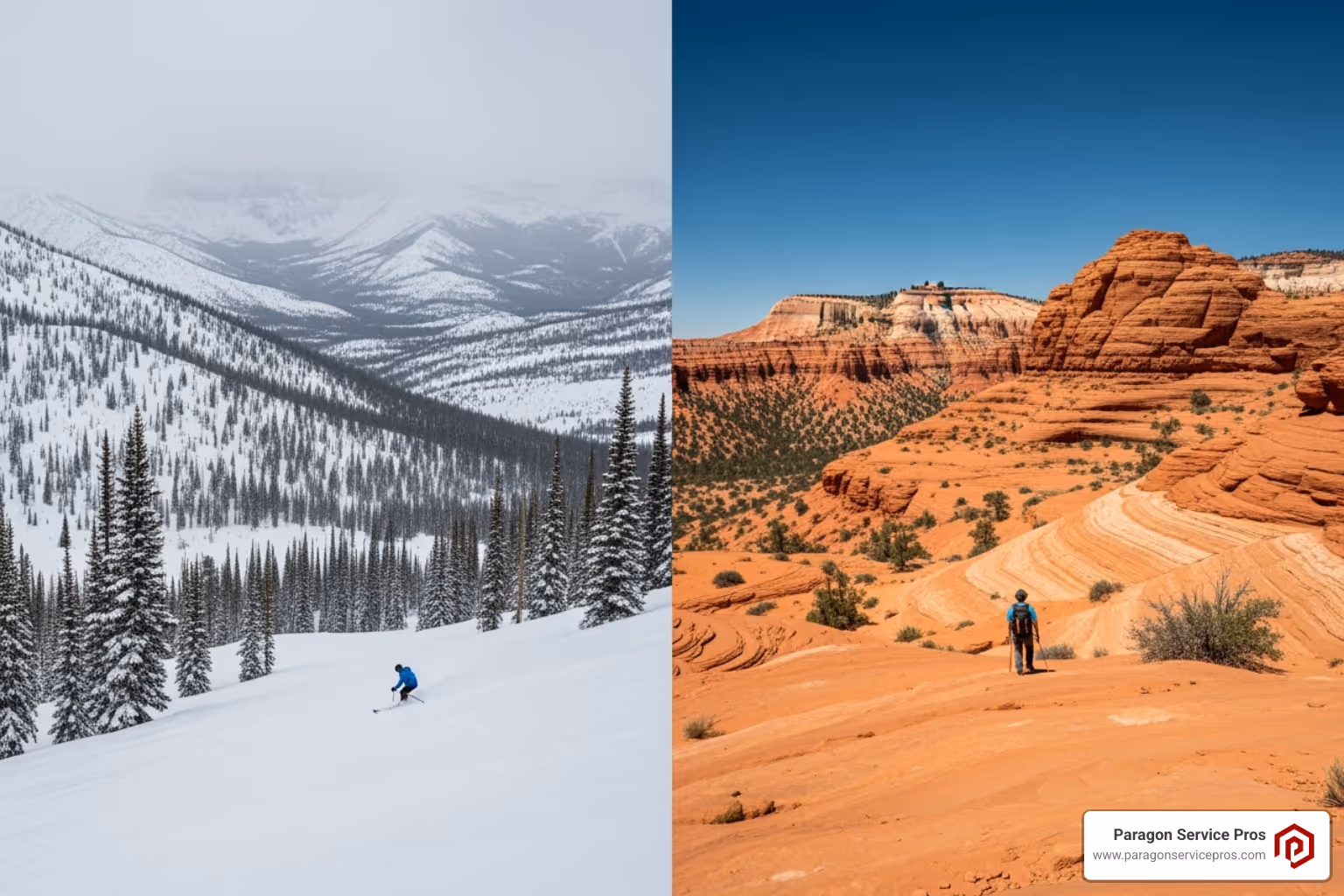 contrast between a snowy winter day and a hot summer day in Utah - commercial hvac services bluffdale, ut